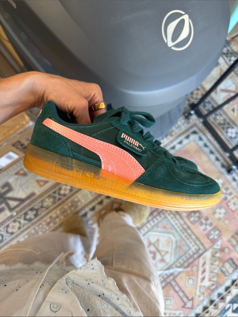 Puma Palermo  Green Suede Sneakers with Pink Accent